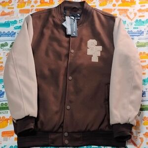 Men's Brown & Beige Varsity Bomber Jacket - SFT Patch